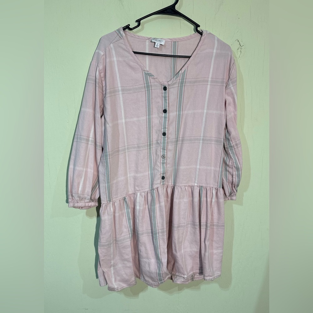 True craft pink with gray and white window pane plaid long sleeve mini dress M